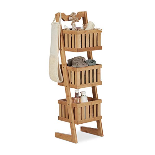 Relaxdays Bamboo Bathroom Shelf, 3 Tiers, Handle, Versatile, Organiser, Compact, Waterproof, Decorative, Natural