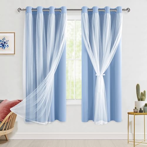 Hiasan Blackout Curtains with Sheer Overlay, Grommet Thermal Insulated Privacy Mix and Match Double Layer Window Curtains for Bedroom, Living Room, 2 Drape Panels with Tiebacks, Baby Blue, 52W X 63L