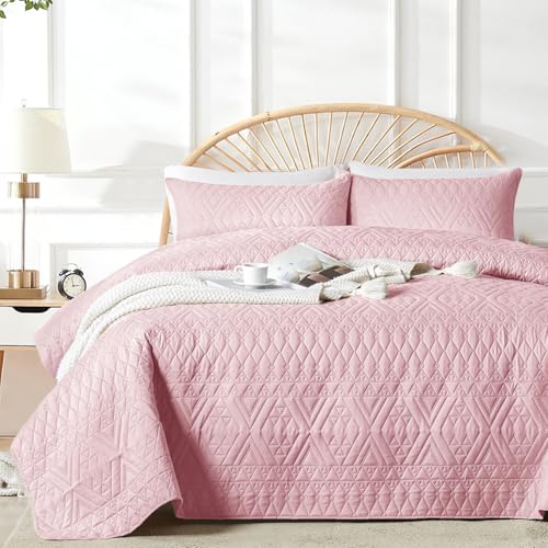 akkialla Twin Quilt Set, Pink Lightweight Microfiber Bedspread Coverlet, Boho Geometric Pattern, Soft All-Season Bedding, 2-Piece (1 Quilt, 1 Pillow Sham)