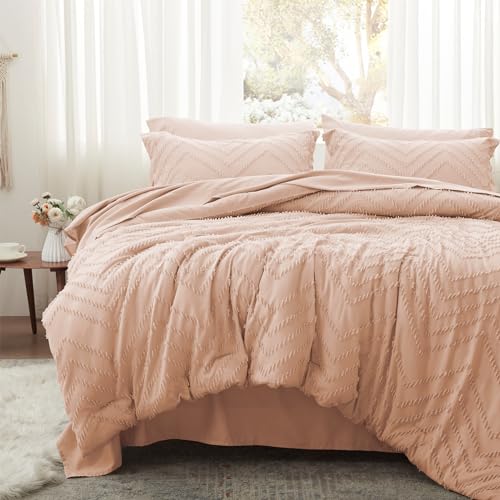 Anluoer Queen Comforter Set, Pink Tufted Bed in a Bag 7 Pieces with comforters and Sheets, All Season Bedding Sets with 1 Comforter, 2 PillowShams, 2 Pillowcases, 1 Flat Sheet, 1 Fitted Sheet