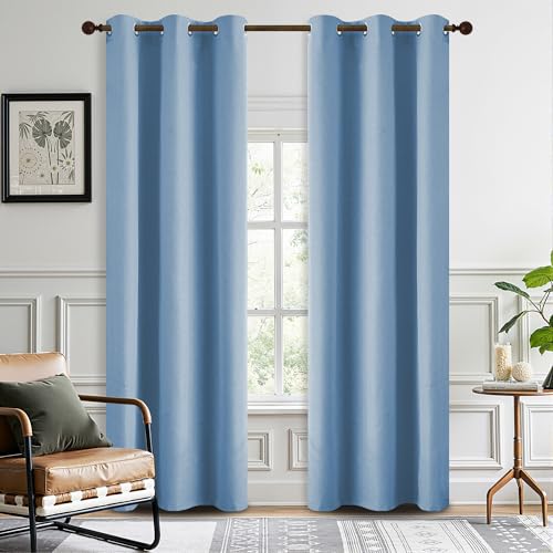 DONREN 100% Blackout Curtains 84 Inches Long Thermal Insulated, Soft Linen Grommet Blackout Drapes for Bedroom, 2 Panels 37Wx84L, Dusty Blue