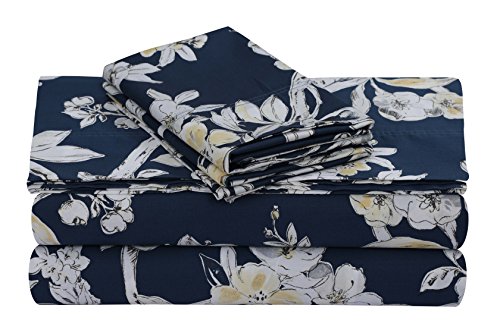 Tribeca Living 300 Thread Count Cotton Extra Deep Pocket Printed Sheet Set, Queen, Colmar Navy Blue/Multi