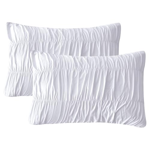 "QSH White Ruched Pillow Shams King Size,2 Pack 20""x36"" Pillow Sham,Shabby Boho Chic Bed Pillow Covers King Ultra Soft and Luxury Microfiber Pillowcases Set"