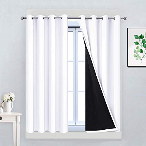 "Yakamok Pure White 100% Blackout Curtains 45 Inches Long 52"" Wide 2 Panel - Blackout Curtain Panels for Bedroom, 2 Thick Layers Grommet Top Thermal Insulated Drapes with Black Liner for Living Room"