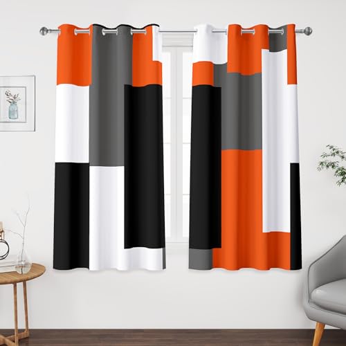 Tyrot Orange 100% Blackout Curtains 45 inch Length 2 Panels Set White Grey Modern Abstract Geometric Drapes for Kitchen Black Out Curtains Insulated Room Darkening Small Window Curtains, 52Wx45L
