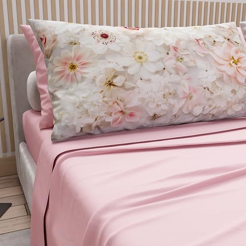 PETTI Artigiani Italiani - Cotton Sheets with Pillowcases in Digital Print, French Quarter, Complete Top and Bottom Sheet with Corners, Floral 06 21 Pink, 100% Made in Italy