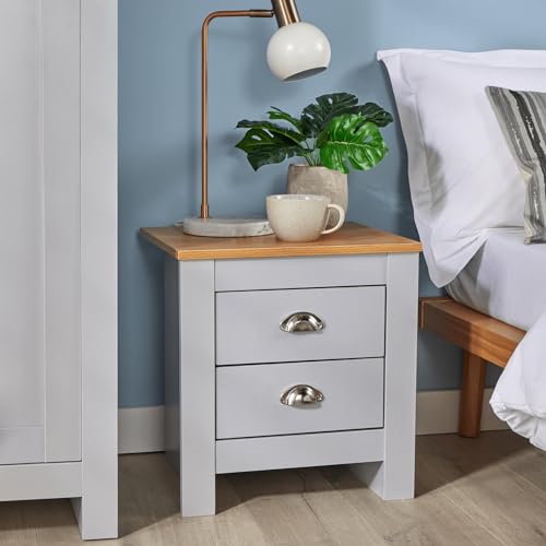 Home Source Bedroom 2 Drawer Bedside Nightstand, Oak Effect Top, Metal Handles, Grey
