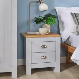 Home Source Bedroom 2 Drawer Bedside Nightstand, Oak Effect Top, Metal Handles, Grey