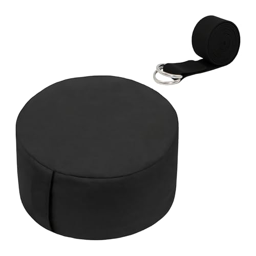 Relaxdays Meditation Cushion Set, with Yoga Strap, Mindfulness, Floor Cushion, Washable Cover, H 13x33 cm, Cotton, Black