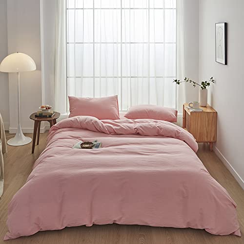 FACE TWO FACE Bedding Duvet Cover Set100% Washed Cotton Duvet Cover Linen Like Textured Breathable Durable Soft Comfy (King, Light Pink)