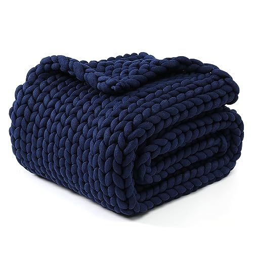 YNM Original Hand Knitted Throw Blanket - Soft, Breathable and Portable Medium-Weight Chunky Knit Throw for Couch, Sofa, Bed and More - Stylish Home D??cor Piece (Indigo Blue, 100x130 cm)
