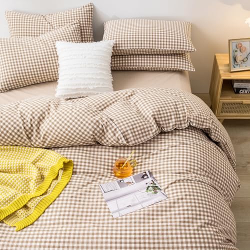 mixinni Tan Gingham Comforter Set Queen, Plaid Comforter Set 3 Pieces 1 Beige Grid Comfoter with 2 Pillow Cases for All Seasons, Soft Fluffy Modern Grid Pattern Printed Bedding-Queen Size