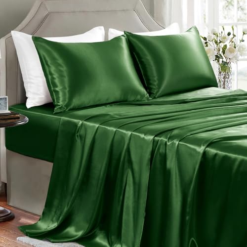 GOLAL Dark Green Satin Sheets King Size - 4 Pieces Silky Soft Bed Sheets - OEKO-TEX Certified Luxury Wrinkle-Free Silky Soft Sheets Friendly for Hair and Skin,Designed for Elegant Bedroom Decor