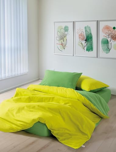 Nuit Des Rêves Ranforce Double Quilt Cover Set (200 x 200 cm), 100% Cotton, Yellow & Green, Reactive Printing, Machine Washable, Envelope & Button Closure, Soft & Stylish Bedding
