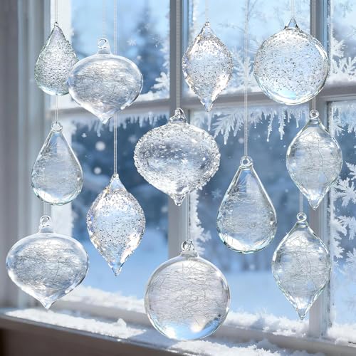 Clear Glass Christmas Ornaments, 24-Pc Hand Blown Crystal Ball Decorations - Textured glass with icy fiber and bubble. Crystal-like surfaces reflect tree lights for elegant winter wonderland decorations