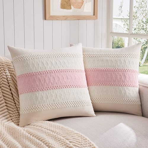 ZeeMart 2 Packs Cotton Boho Throw Pillow Covers 16x16 Inch Contrast/Light Pink, Soft Farmhouse Decorative Couch Pillow Cases Cushion Covers for Sofa Bed Living Room Home Decor