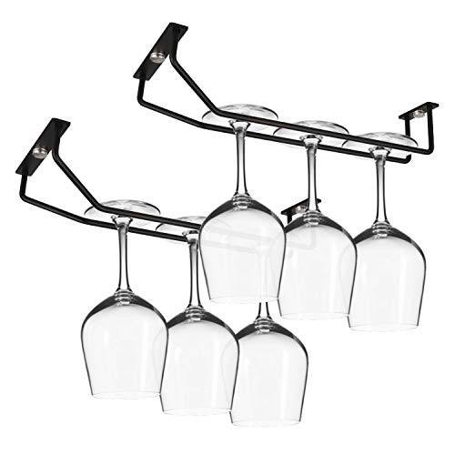 Yimerlen 10.8 Inch Long Single Rail Wine Glass Rack Under Cabinet Cupboard, Metal Stemware Holder Wine Glass Holder Wine Glass Hanger for RV Mini Bar Kitchen Storage (Matte Black - 2 Pack)