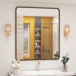 OKPAL 24x28 Bronze Bathroom Mirror, Brushed Bronze Metal Framed Mirror, Rounded Bronze Rectangle Mirror for Farmhouse, Bedroom, Anti-Rust (Horizontal/Vertical)