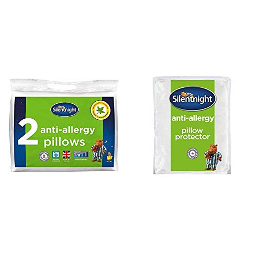 Silentnight Anti-Allergy Pillow - White, Pack of 2 & Anti-Allergy Pillow Protector Plus, White, Pack of 2