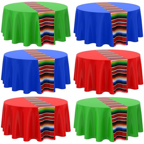 Oudain Mexican Round Tablecloth 84 Inch Mexican Striped Serape Tablecloth Fiesta Waterproof Table Cloth Table Cover for Cinco De Mayo Carnival Party Dining Table Picnic Buffet (Blue, Red, Green,6 Pcs)