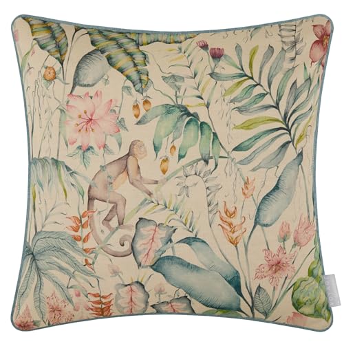 Voyage Maison Tropical Utopia Oasis Feather Filled Cushion – Jungle Watercolour Printed Cotton Wildlife Floral Piped Trim Decor (Multicolour - 50x50cm)