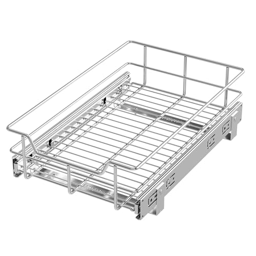 "Pull Out Cabinet Organizer 11"" W X 17"" D, Chromed, Full Slide Out Drawers - For Kitchen Organizers and Storage, Pull Out Drawers For Cabinets Capacity Heavy Duty Caddy, Cabinet Shelves, Bathroom Pantry"