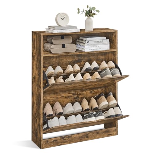 VASAGLE Shoe Cabinet 2 Flip Doors, 3 Tier Shoe Rack, with 1 Open Compartment, Adjustable and Removable Divider, for 11-16 Pairs Shoes, for Narrow Entrance, 24 x 80 x 102 cm, Rustic Brown LBC048B01