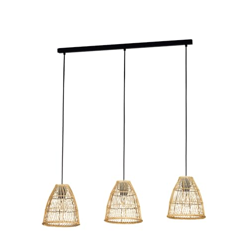Eglo Pendant Lighting Ayesgarth, 3 lamp Ceiling Light Fitting in Boho Design, Hanging lamp for Dining and Living Room Made of Natural Rattan and Black Metal, E27 Socket