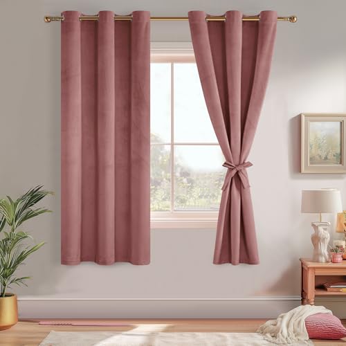 JIUZHEN Wild Rose Velvet Curtains 63 inches Blackout Curtains for Living Room - Privacy Protect Room Darkening Grommet Thick Velvet Window Drapes for Bedroom, Set of 2 with Tiebacks, 42W x 63L