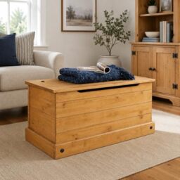 Mews Corona Storage Chest Ottoman Bedding Box Toy Chest Traditional Mexican Pine Solid Wood Storage Box with Hinged Lid and Safety Catch