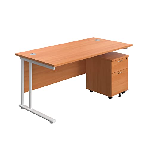 Office Hippo Heavy Duty Rectangular Cantilever Office Desk, Home Office Desk With 2 Drawer Lockable Mobile Pedestal Filing Cabinet, File Cabinet, 5 Yr Wty, White Frame, Beech, 180 x 80 cm