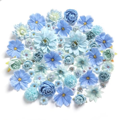 RUIDKUN Fake Flowers Heads Bulk Blue Mini Artificial Silk Flower for Crafts, Small Artificial Daisy Roses Faux Flowers for Graduation Cap DIY Cake Wedding Party Home Garland Decoration
