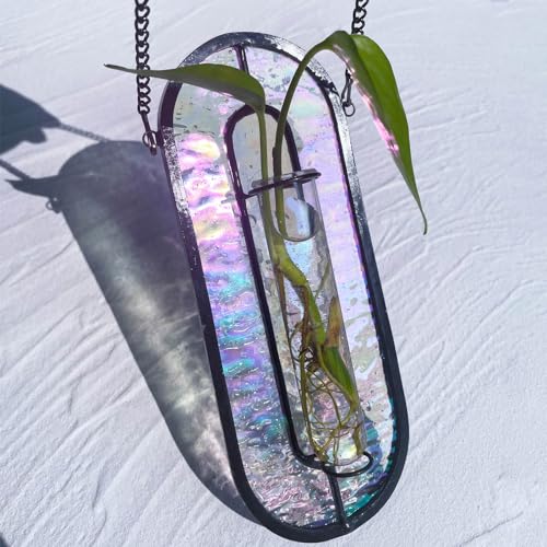 LITMIND Iridescent Stained Glass Plant Propagation Station - Vibrant Hanging Hydroponic Planter Terrarium with 2 Glass Tubes - Perfect for Home & Garden D??cor