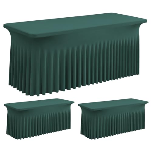 Hunter Green Spandex Table Clothes for 8 Foot Rectangle Tables, 2 Pack Wrinkle Free Rectangle Table Cloth 8ft Stretch Fitted Tablecloths with Skirt for Parties Weddings Birthday Banquet Baby Shower