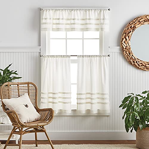 "Martha Stewart Water's Edge Tufted 3-Piece Window Curtain Valance & Tiers Set, 36"", White"