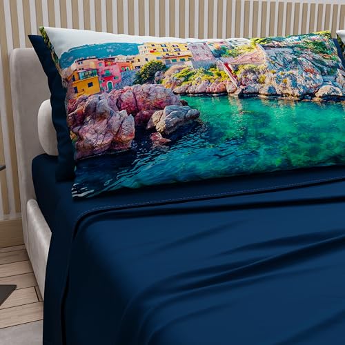 PETTI Artigiani Italiani - Double Bed Sheets Cotton with Pillowcases in Digital Print, Complete Bed Sheet Sicily Design Night Blue, 100% Made in Italy