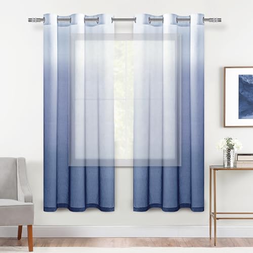 DWCN Ombre Sheer Curtains - Faux Linen Gradient Semi Voile Grommet Top Drapes Bedroom and Living Room Curtains, Set of 2 Window Curtain Panels, 42 x 63 Inch Length, Denim Blue