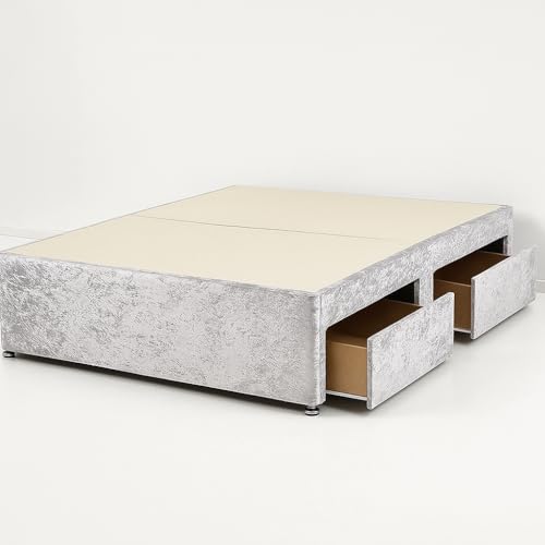 Divan Beds Deals - SpaceMax Silver Crushed Velvet Bed Base - Headboard-Free Design, Mattress Not Included - Luxurious Divan Base With 2 Storage Drawers (4FT6 Double)