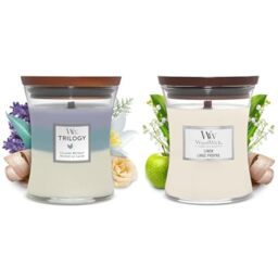 Woodwick Medium Hourglass Trilogy Scented Candle - Calming Retreat - Crackling Wick - Up to 60 Hours Burn Time - Lavender Spa, Sea Salt, Cotton and White Tea