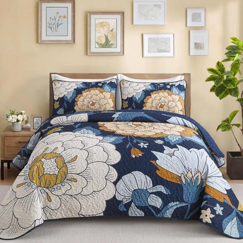 DJY Navy Floral Quilt Set Queen Size Boho Bedspread Coverlet Set, 3 Piece Botanical Quilt Soft Microfiber Blue Floral Bohemian Bedding Set with 2 Pillowcases for All Season, 96''x90''