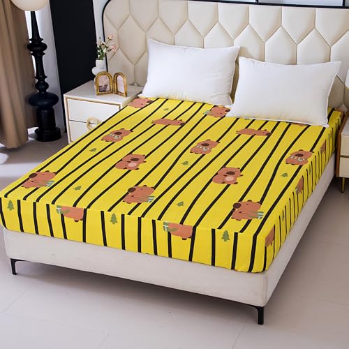 NATURETY Bedding Fitted Sheet with Deep Pocket,Thicken Printed Fabric Bed Sheets(Yellow Striped,Queen)