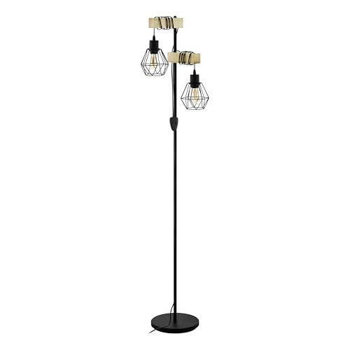 Eglo Floor lamp Townshend 5, 2-Light Vintage Standing lamp, Industrial Design floorlamp, Living Room Lighting Made of Black Metal and Natural Wood, FSC, E27 Socket