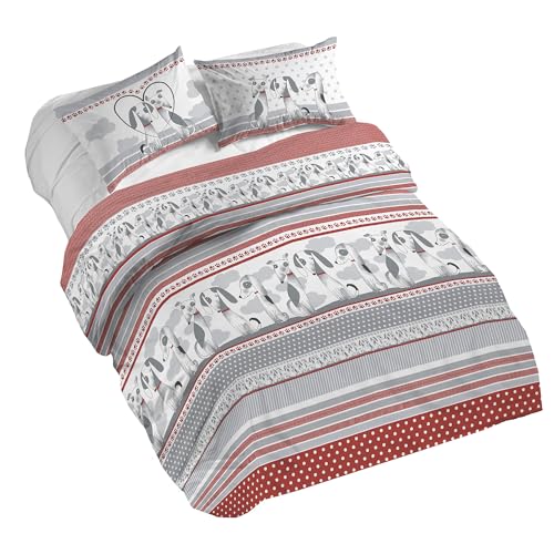PENSIERI DELICATI 100% Cotton Double Duvet Cover Set, Complete with 250 x 200 cm Sleeping Bag and 2 Pillowcases 52 x 82 cm, Made in Italy, Duvet Cover Machine Washable At 40 Degrees, Baubau Red Design
