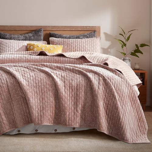LEAONME Velvet Quilt Set Full/Queen Size 90''x98'', Lightweight Dusty Pink Velvet Comforter Set with 2 Matching Shams, Soft Cross Stitch Bedspread Coverlet Bedding Set for All Season
