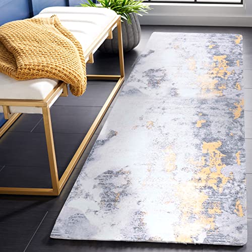 Safavieh Abstract Rug Ideal for High Traffic Areas - Machine Washable and Non Slip - Tacoma Collection, Short Pile, in Grey and Gold, 62 X 240 cm