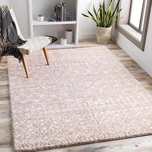 Livabliss Saanjh Brasov Shaggy Design – Living Room 200x275 cm, Soft Fluffy Bedroom Use, Geometric Abstract Look, Plush Thick Pile, Easy Care, Pink Cream
