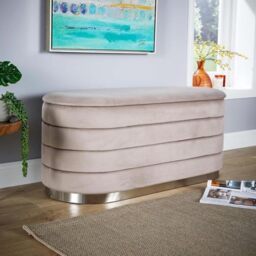 Home Source Oval Boucle Fabric-Covered Storage Ottoman, Stainless Steel Base, Grey