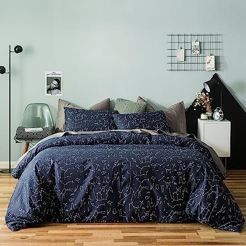 YuHeGuoJi Navy Constellation Duvet Cover King 100% Cotton 3 Pcs Set 1 Blue Space Duvet Cover with Zipper Ties 2 Pillowcases Modern White Stars Galaxy Celestial Pattern Bedding Set Soft