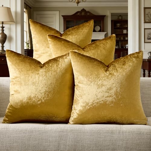 GIGIZAZA Gold Pillow Covers 20x20 Set of 4,Velvet Luxury Couch Throw Pillow Soft Covers Decorative Modern Square Pillows Living Room Vintage Cushion Covers