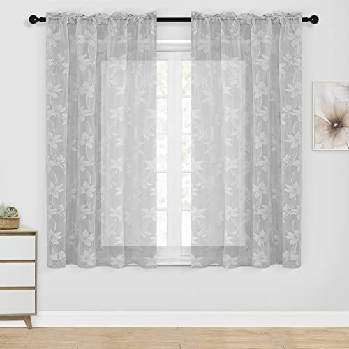 DWCN Grey Short Sheer Curtains for Kitchen - Floral Lace Design Rod Pocket Window Voile Sheer Drapes for Kitchen Living Room Window Curtain Panels 42 x 45 inch Length, Set of 2, Grey